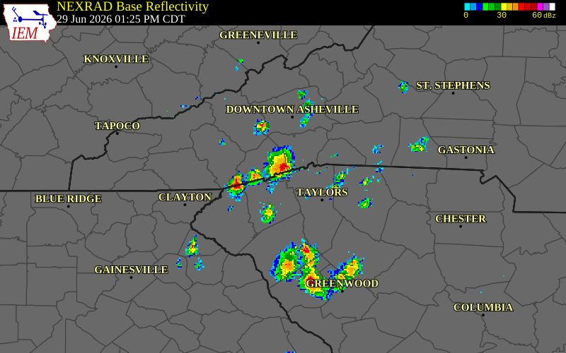 NEXRAD radar during the Monday, June 29, 2026 storm activity in Transylvania County, North Carolina