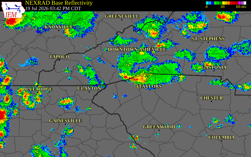 NEXRAD radar during the Sunday, July 19, 2026 storm activity in Transylvania County, North Carolina