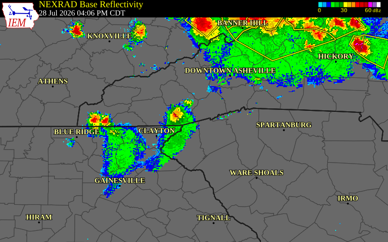 NEXRAD radar during the Tuesday, July 28, 2026 storm activity in Transylvania County, North Carolina