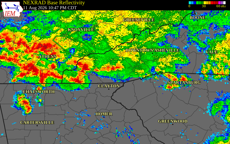 NEXRAD radar during the Tuesday, August 11, 2026 storm activity in Transylvania County, North Carolina