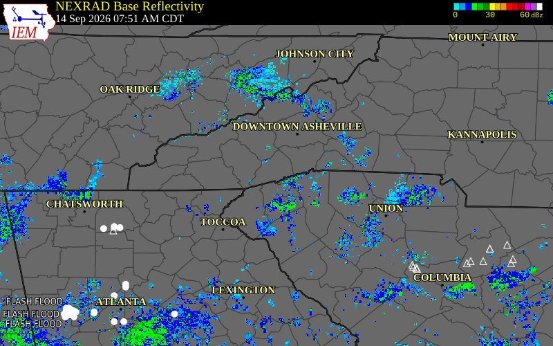 Current NEXRAD radar over Transylvania County, North Carolina with recent storm report locations