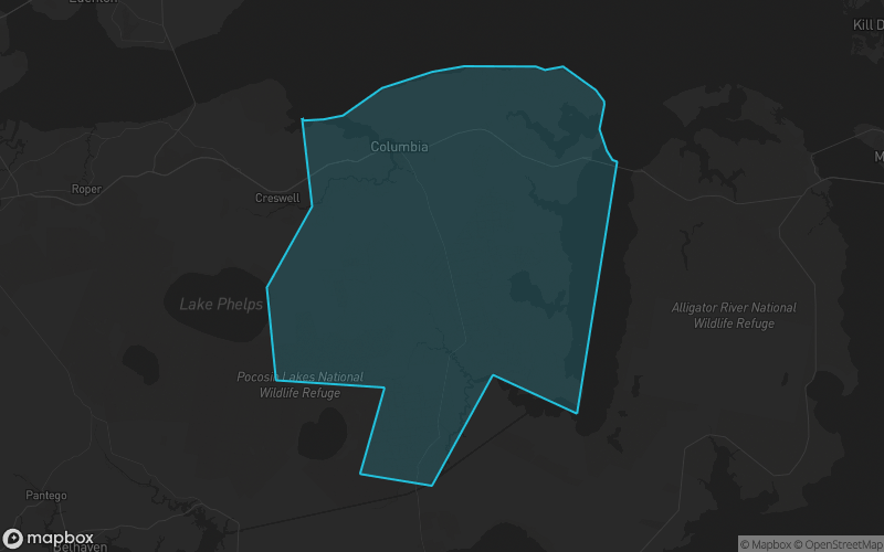 Map of Tyrrell County, North Carolina showing the county boundary and surrounding cities