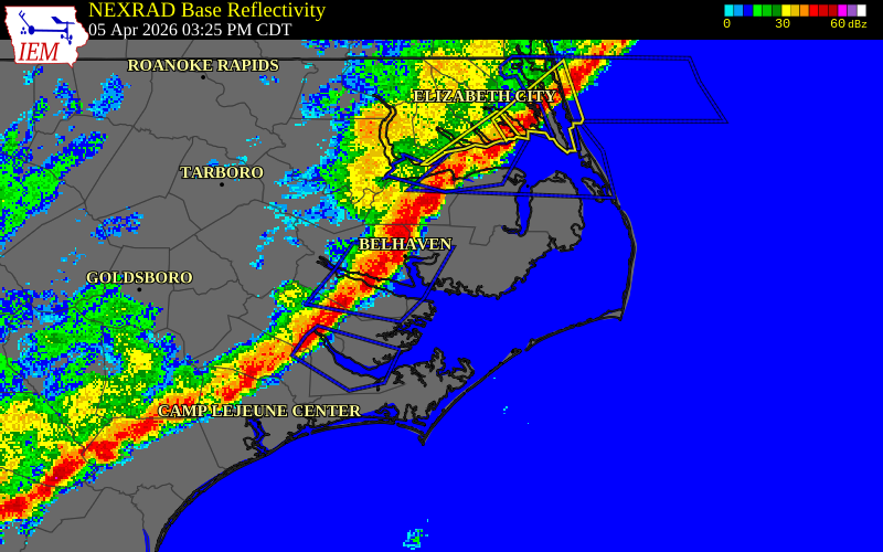 NEXRAD radar during the Sunday, April 5, 2026 storm activity in Tyrrell County, North Carolina