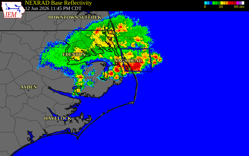 NEXRAD radar during the Saturday, June 13, 2026 storm activity in Tyrrell County, North Carolina