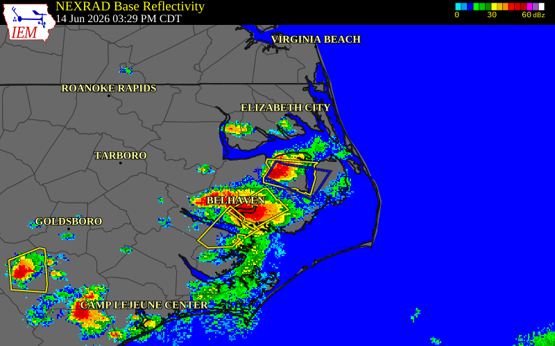 NEXRAD radar during the Sunday, June 14, 2026 storm activity in Tyrrell County, North Carolina