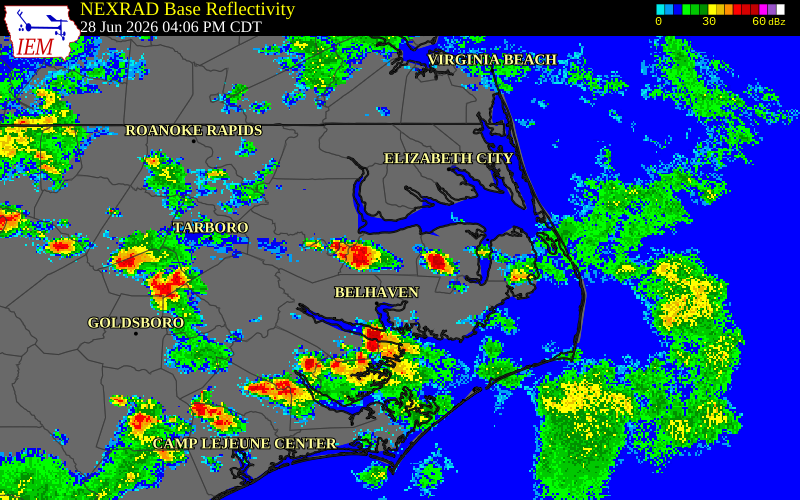 NEXRAD radar during the Sunday, June 28, 2026 storm activity in Tyrrell County, North Carolina