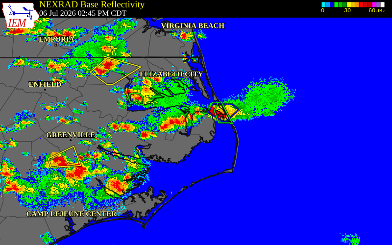 NEXRAD radar during the Monday, July 6, 2026 storm activity in Tyrrell County, North Carolina