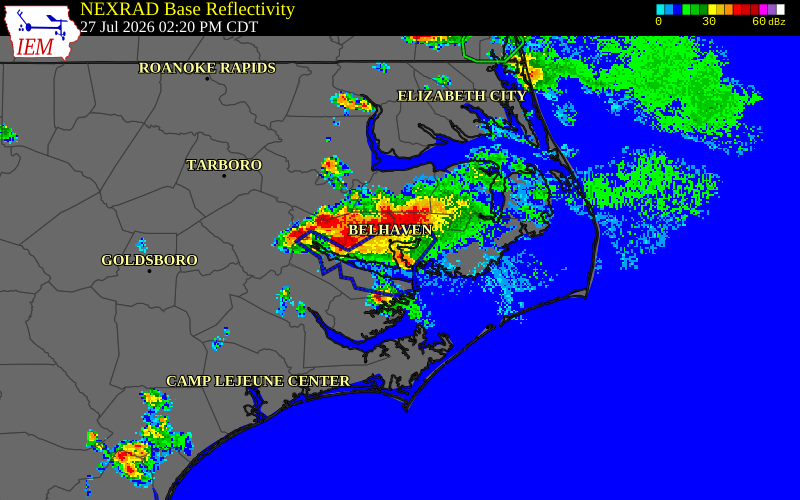NEXRAD radar during the Monday, July 27, 2026 storm activity in Tyrrell County, North Carolina