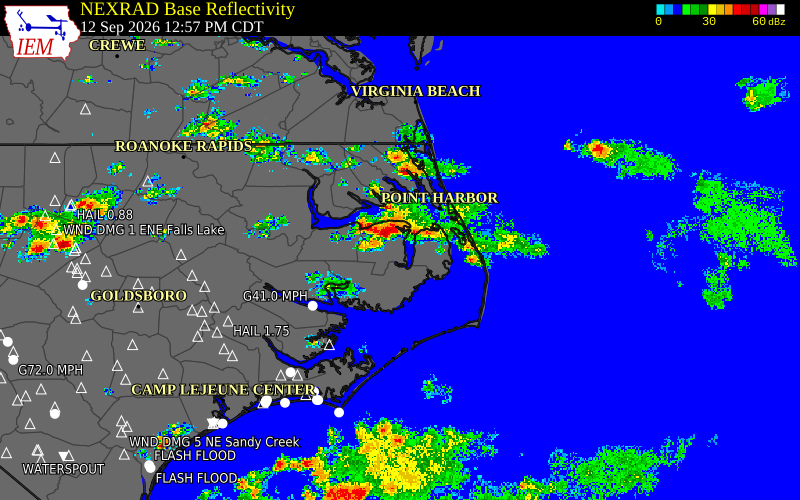 Current NEXRAD radar over Tyrrell County, North Carolina with recent storm report locations