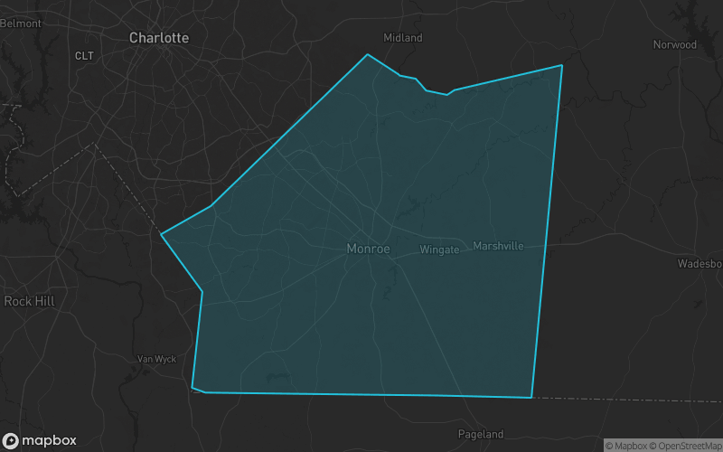 Map of Union County, North Carolina showing the county boundary and surrounding cities
