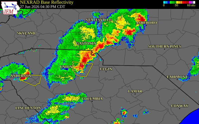 NEXRAD radar during the Saturday, June 27, 2026 storm activity in Union County, North Carolina
