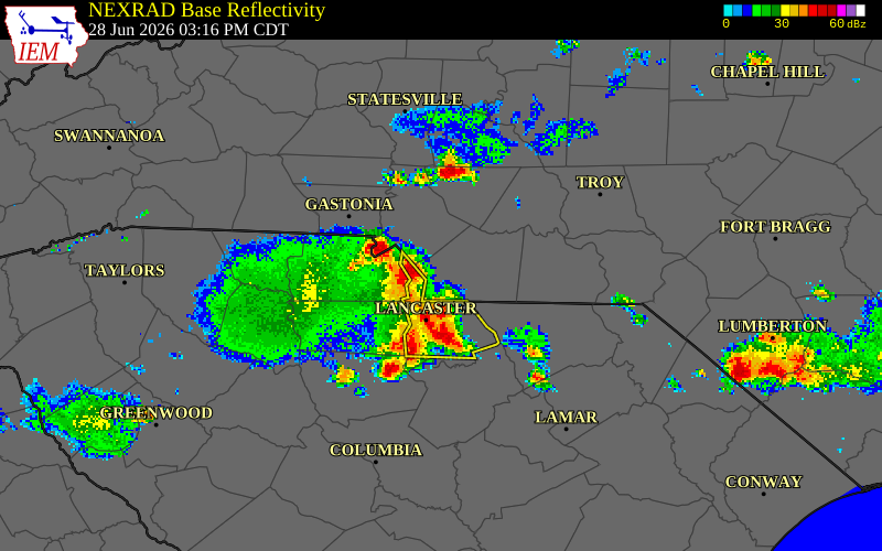 NEXRAD radar during the Sunday, June 28, 2026 storm activity in Union County, North Carolina