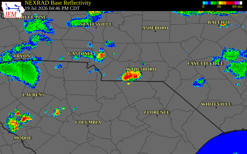 NEXRAD radar during the Sunday, July 19, 2026 storm activity in Union County, North Carolina