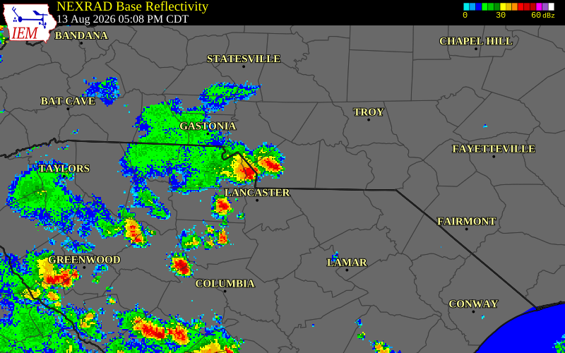 NEXRAD radar during the Thursday, August 13, 2026 storm activity in Union County, North Carolina