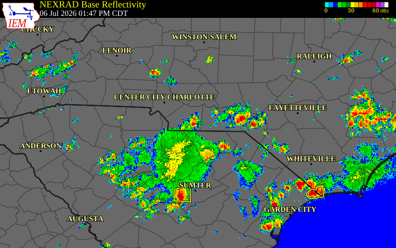 Radar snapshot during the Jul 6, 2026 wind event near Union County, Union County, North Carolina, with NWS warning polygons