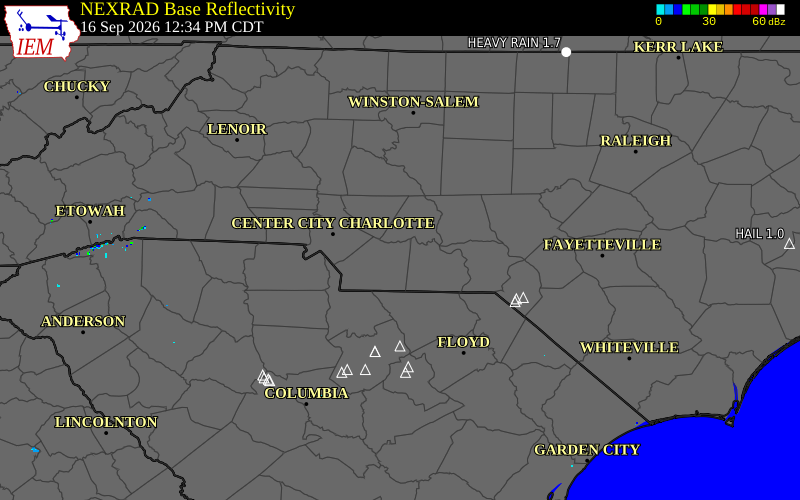 Current NEXRAD radar over Union County, North Carolina with recent storm report locations