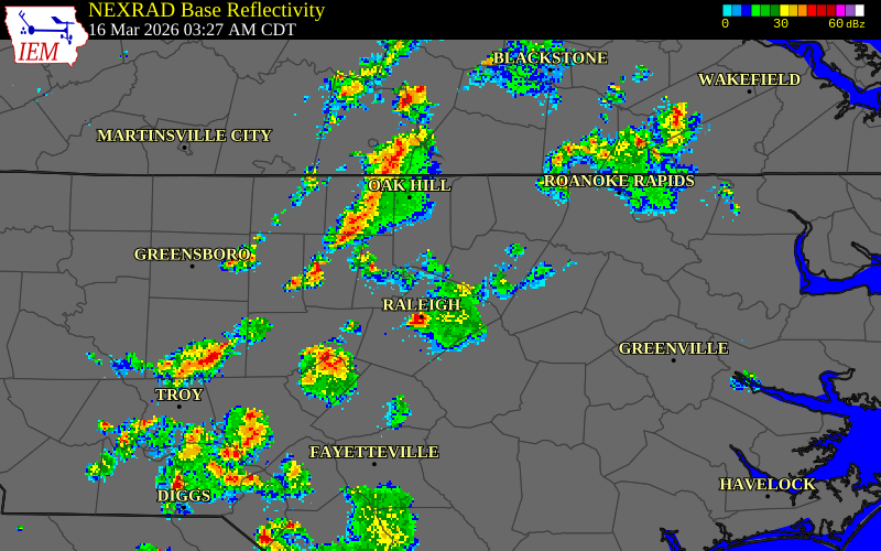 NEXRAD radar during the Monday, March 16, 2026 storm activity in Vance County, North Carolina