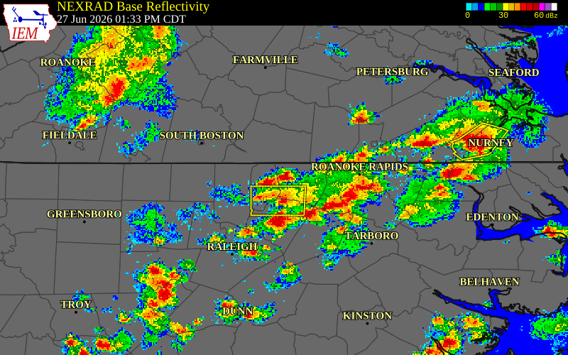 NEXRAD radar during the Saturday, June 27, 2026 storm activity in Vance County, North Carolina