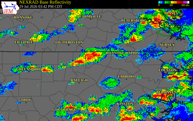 NEXRAD radar during the Sunday, July 19, 2026 storm activity in Vance County, North Carolina
