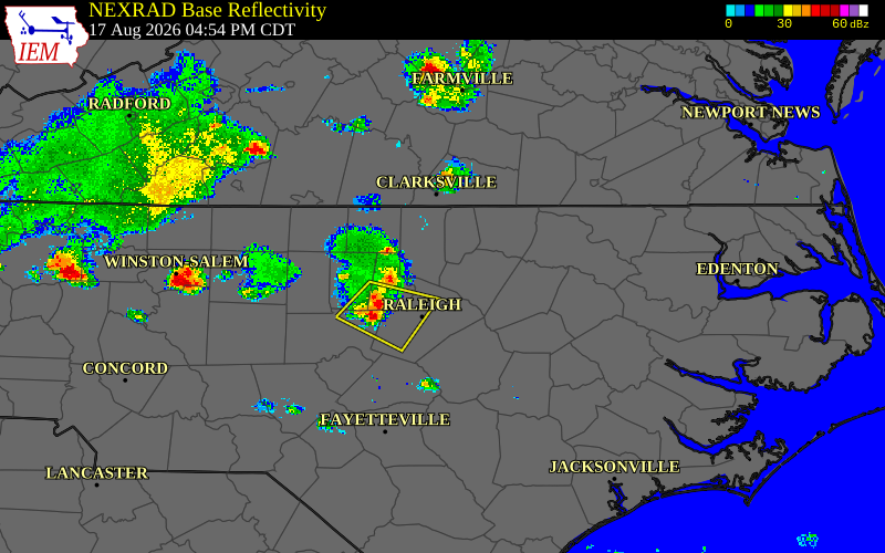 Radar snapshot during the Jun 22, 2026 wind event near Vance County, Vance County, North Carolina, with NWS warning polygons
