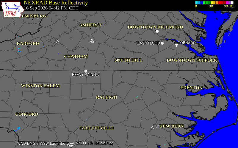 Current NEXRAD radar over Vance County, North Carolina with recent storm report locations