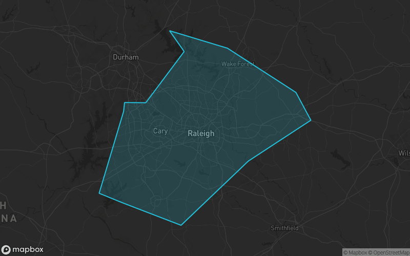 Map of Wake County, North Carolina showing the county boundary and surrounding cities