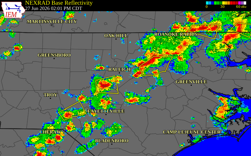NEXRAD radar during the Saturday, June 27, 2026 storm activity in Wake County, North Carolina
