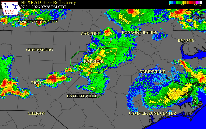 NEXRAD radar during the Tuesday, July 7, 2026 storm activity in Wake County, North Carolina