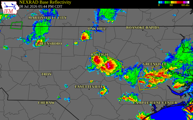 NEXRAD radar during the Wednesday, July 8, 2026 storm activity in Wake County, North Carolina