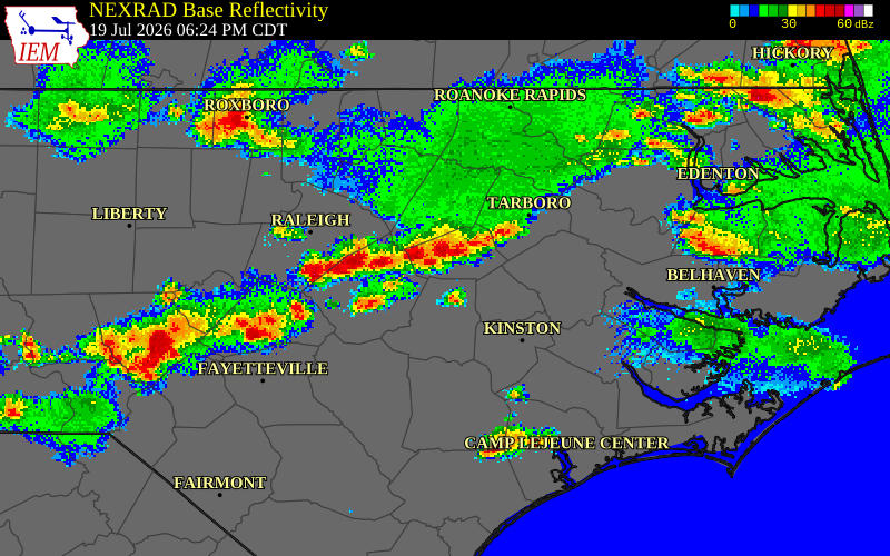NEXRAD radar during the Sunday, July 19, 2026 storm activity in Wake County, North Carolina