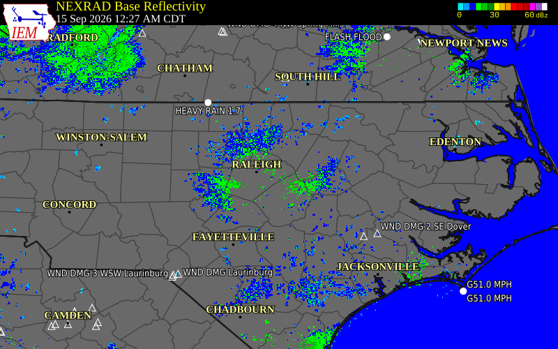 Current NEXRAD radar over Wake County, North Carolina with recent storm report locations