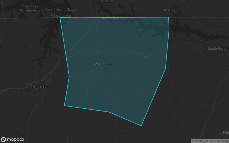 Map of Warren County, North Carolina showing the county boundary and surrounding cities
