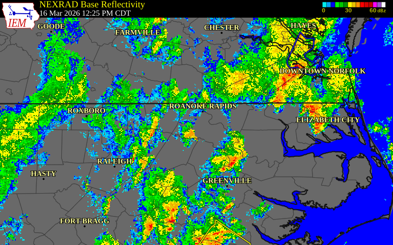 NEXRAD radar during the Monday, March 16, 2026 storm activity in Warren County, North Carolina