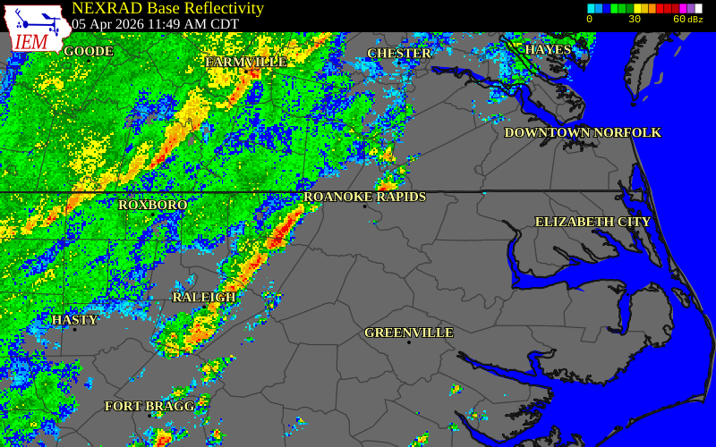 NEXRAD radar during the Sunday, April 5, 2026 storm activity in Warren County, North Carolina
