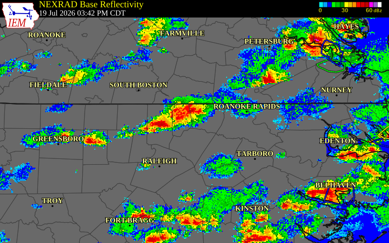 NEXRAD radar during the Sunday, July 19, 2026 storm activity in Warren County, North Carolina