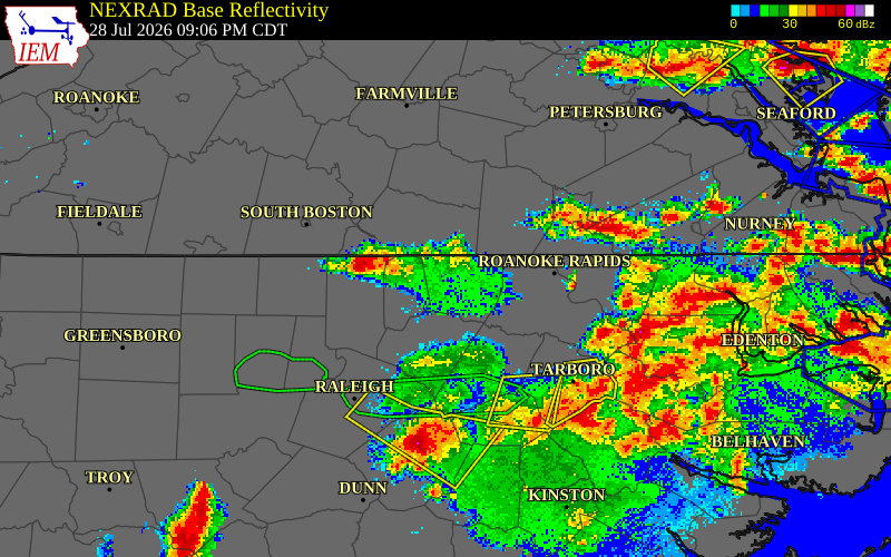 NEXRAD radar during the Tuesday, July 28, 2026 storm activity in Warren County, North Carolina