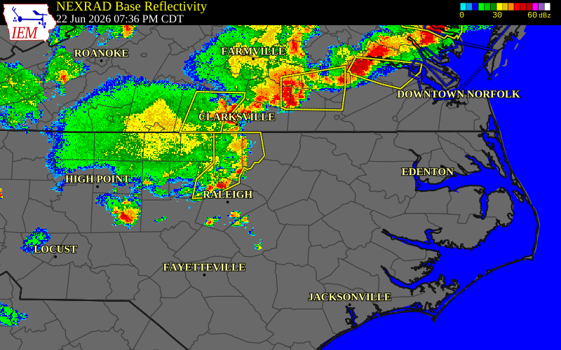 Radar snapshot during the Jun 22, 2026 wind event near Warren County, Warren County, North Carolina, with NWS warning polygons