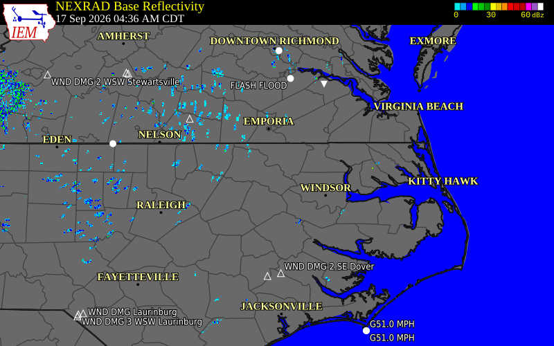Current NEXRAD radar over Warren County, North Carolina with recent storm report locations