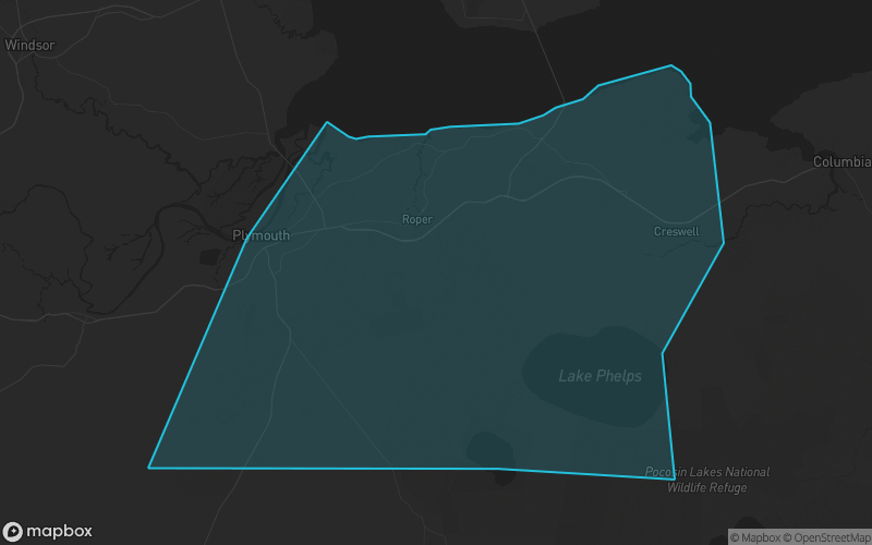 Map of Washington County, North Carolina showing the county boundary and surrounding cities
