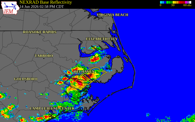 NEXRAD radar during the Sunday, June 14, 2026 storm activity in Washington County, North Carolina