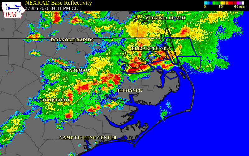 NEXRAD radar during the Saturday, June 27, 2026 storm activity in Washington County, North Carolina