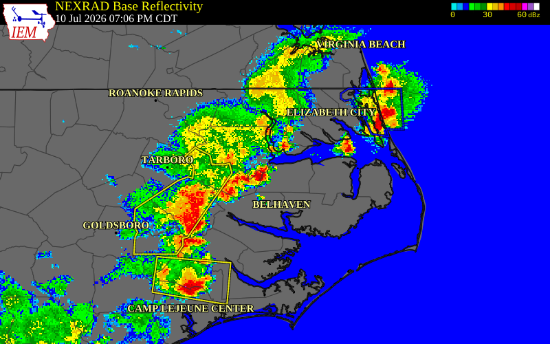 NEXRAD radar during the Friday, July 10, 2026 storm activity in Washington County, North Carolina
