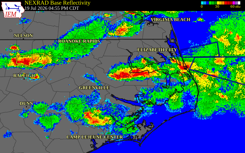 NEXRAD radar during the Sunday, July 19, 2026 storm activity in Washington County, North Carolina