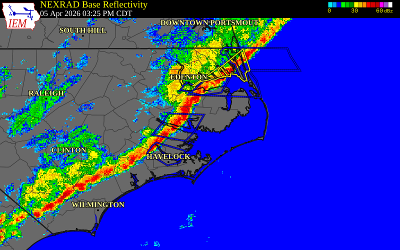 Radar snapshot during the Apr 5, 2026 wind event near Washington County, Washington County, North Carolina, with NWS warning polygons