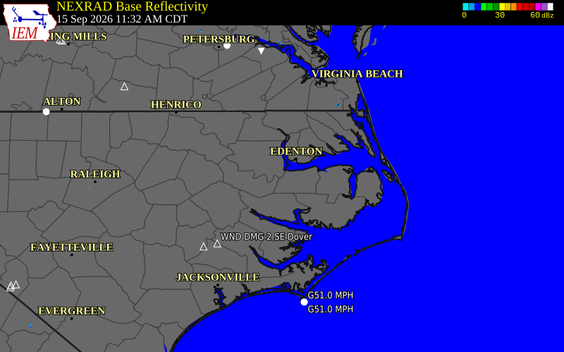 Current NEXRAD radar over Washington County, North Carolina with recent storm report locations