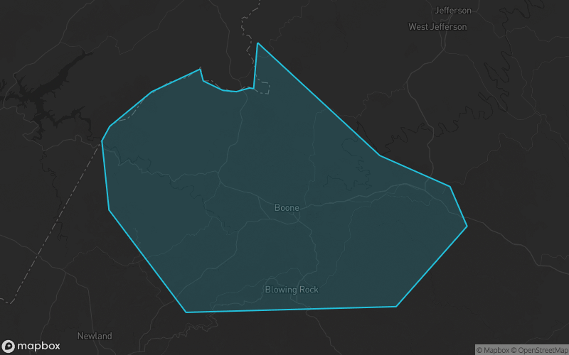 Map of Watauga County, North Carolina showing the county boundary and surrounding cities