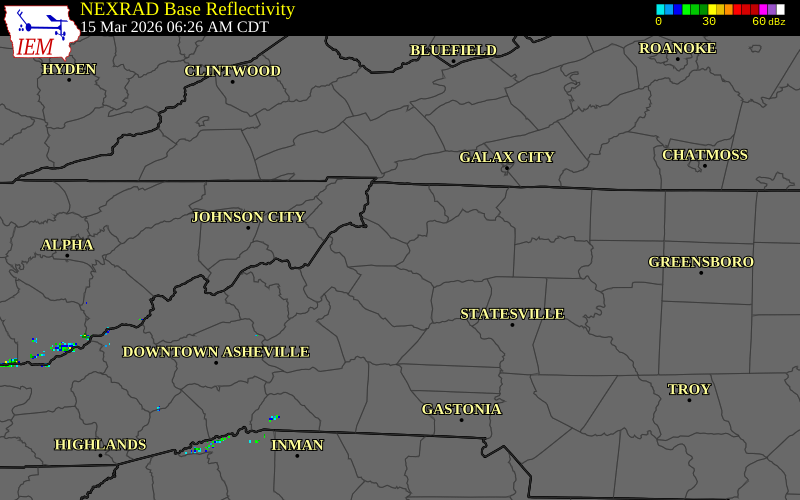 NEXRAD radar during the Sunday, March 15, 2026 storm activity in Watauga County, North Carolina