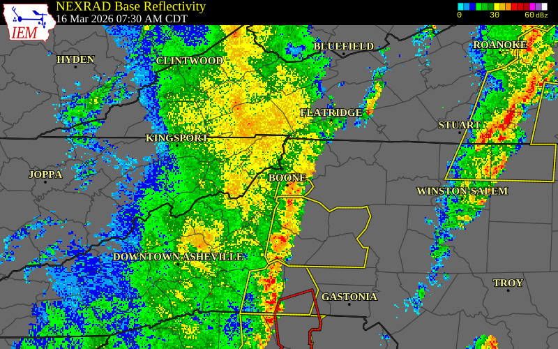 NEXRAD radar during the Monday, March 16, 2026 storm activity in Watauga County, North Carolina