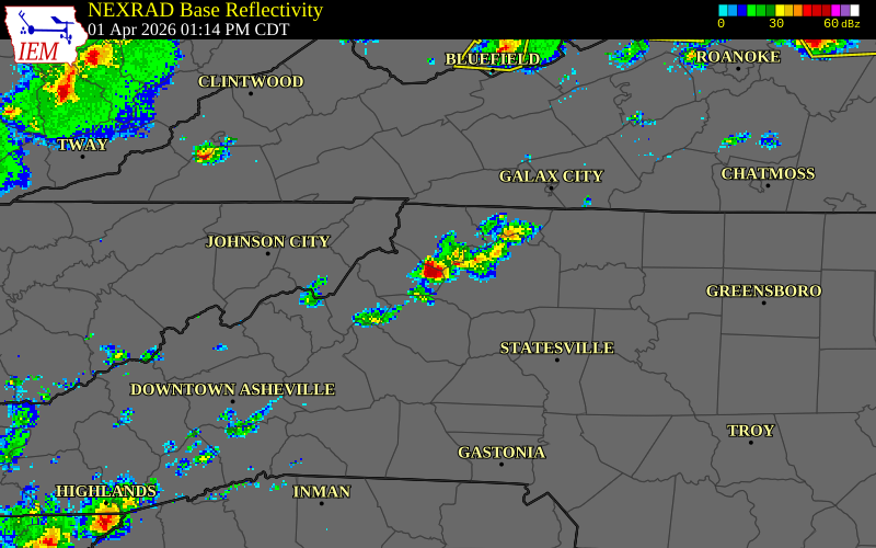 NEXRAD radar during the Wednesday, April 1, 2026 storm activity in Watauga County, North Carolina