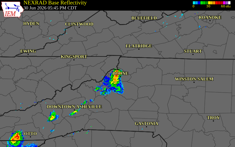 NEXRAD radar during the Tuesday, June 30, 2026 storm activity in Watauga County, North Carolina